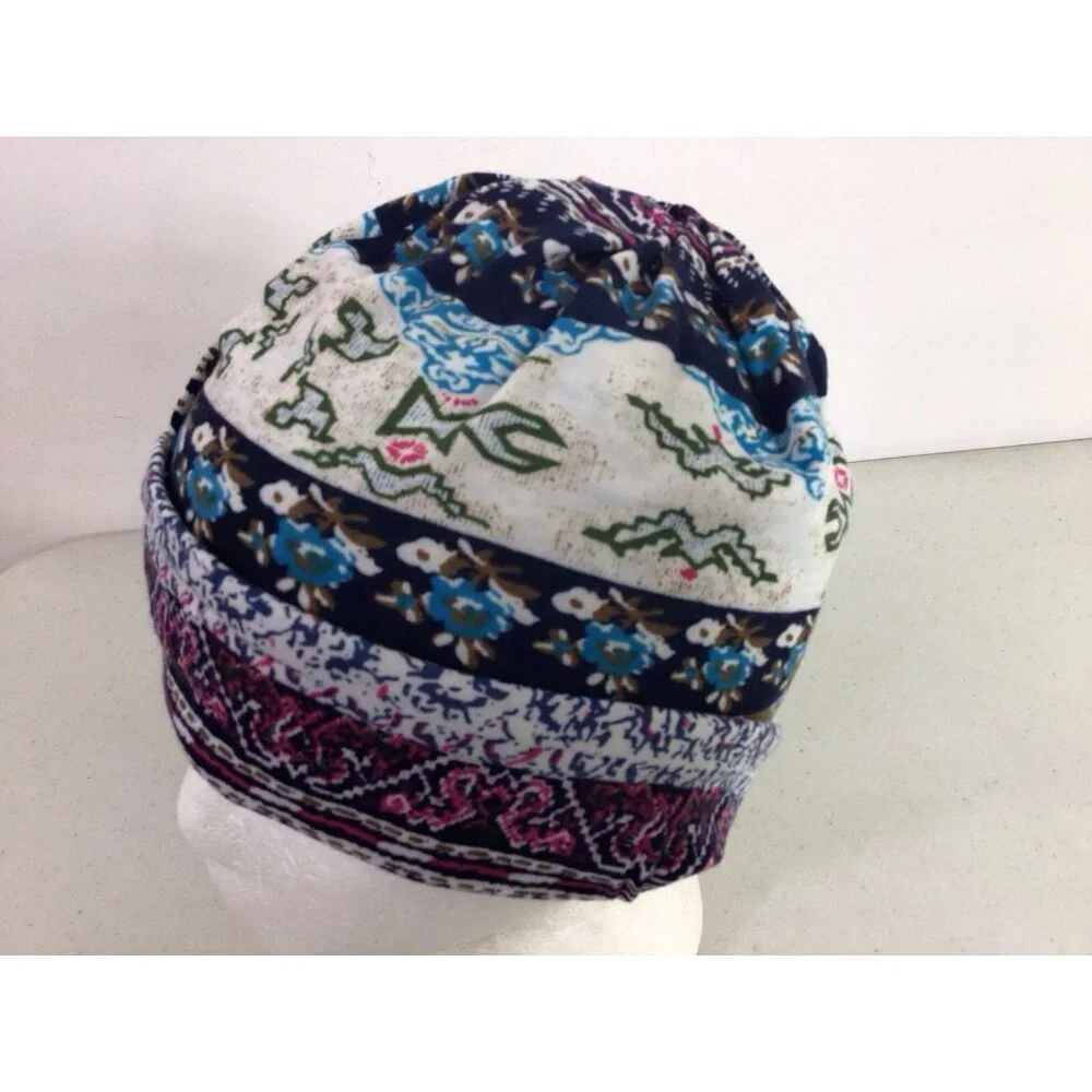 Blue Floral Winter Hat Beanie Womens One Size